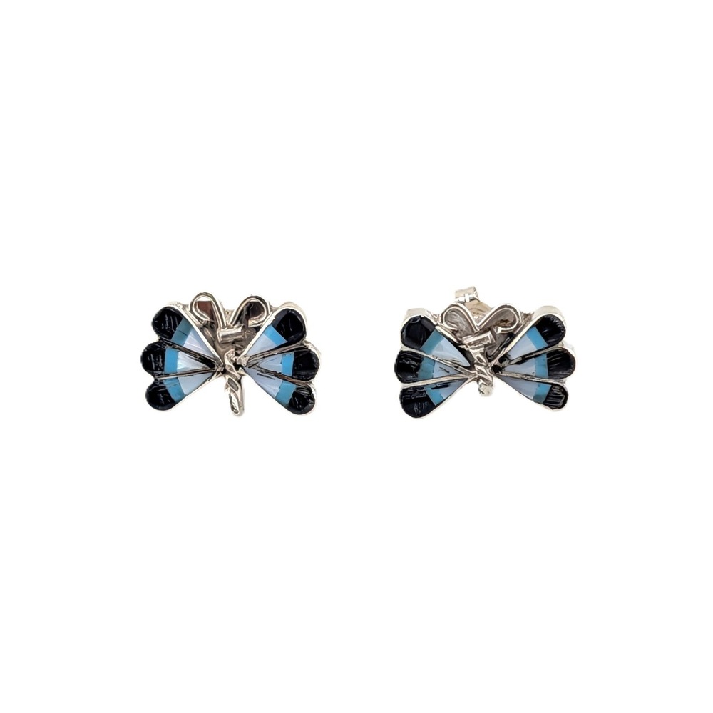 Zuni Butterfly Multi Stones‎ Inlay Small Stud Earrings Sterling Silver Jewelry**